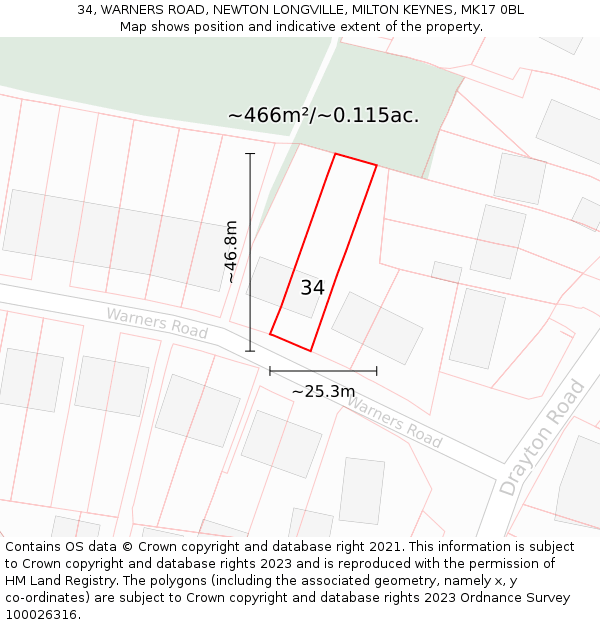 34, WARNERS ROAD, NEWTON LONGVILLE, MILTON KEYNES, MK17 0BL: Plot and title map