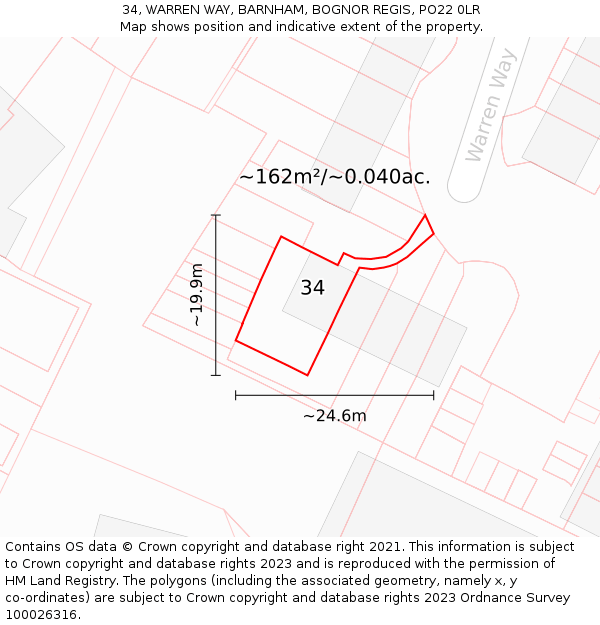 34, WARREN WAY, BARNHAM, BOGNOR REGIS, PO22 0LR: Plot and title map