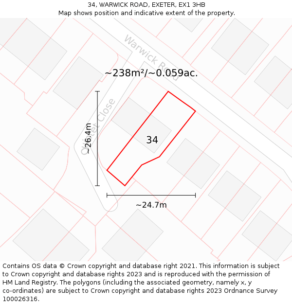 34, WARWICK ROAD, EXETER, EX1 3HB: Plot and title map