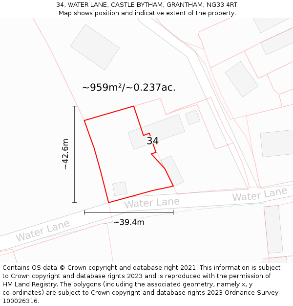 34, WATER LANE, CASTLE BYTHAM, GRANTHAM, NG33 4RT: Plot and title map