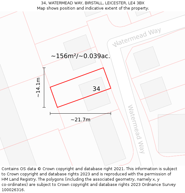 34, WATERMEAD WAY, BIRSTALL, LEICESTER, LE4 3BX: Plot and title map