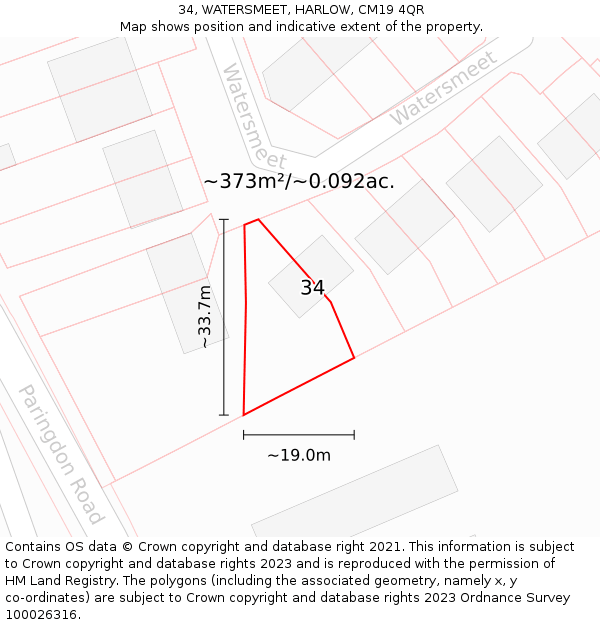 34, WATERSMEET, HARLOW, CM19 4QR: Plot and title map