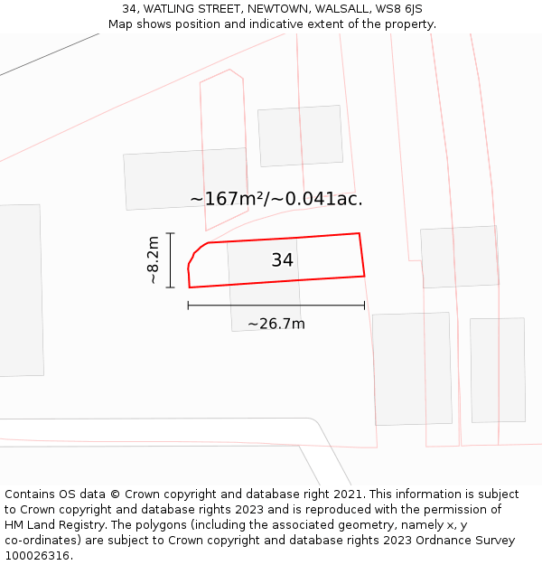 34, WATLING STREET, NEWTOWN, WALSALL, WS8 6JS: Plot and title map