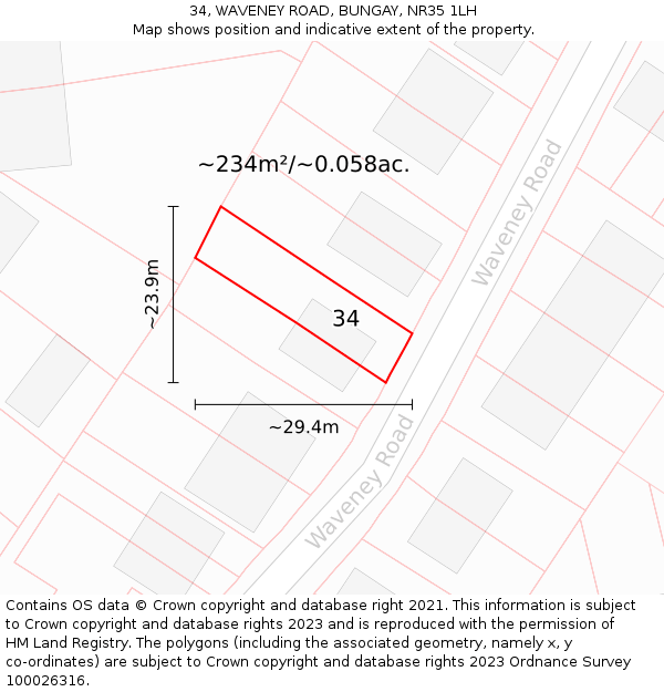 34, WAVENEY ROAD, BUNGAY, NR35 1LH: Plot and title map