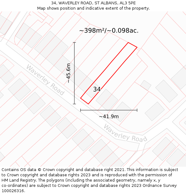 34, WAVERLEY ROAD, ST ALBANS, AL3 5PE: Plot and title map