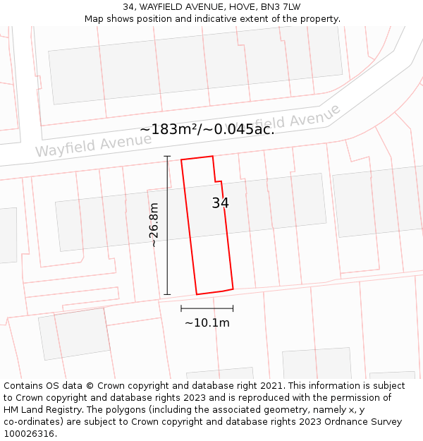 34, WAYFIELD AVENUE, HOVE, BN3 7LW: Plot and title map