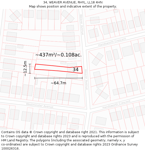 34, WEAVER AVENUE, RHYL, LL18 4HN: Plot and title map