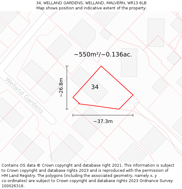 34, WELLAND GARDENS, WELLAND, MALVERN, WR13 6LB: Plot and title map