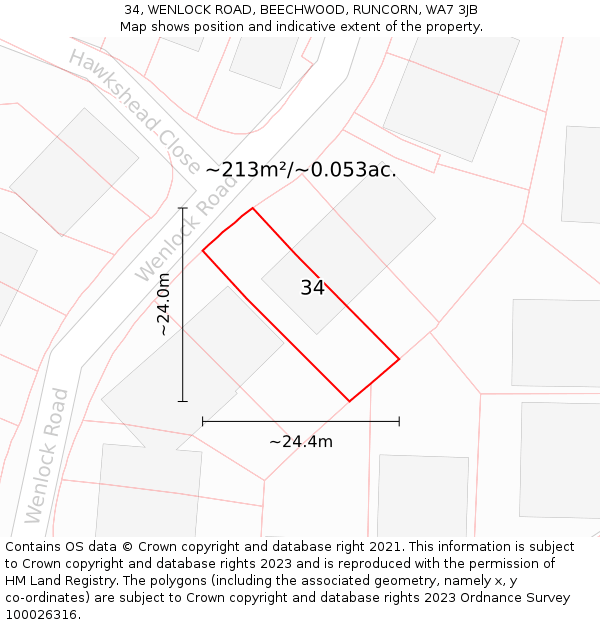 34, WENLOCK ROAD, BEECHWOOD, RUNCORN, WA7 3JB: Plot and title map