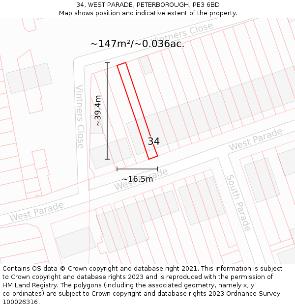 34, WEST PARADE, PETERBOROUGH, PE3 6BD: Plot and title map