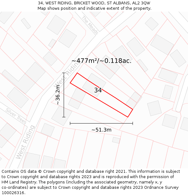 34, WEST RIDING, BRICKET WOOD, ST ALBANS, AL2 3QW: Plot and title map