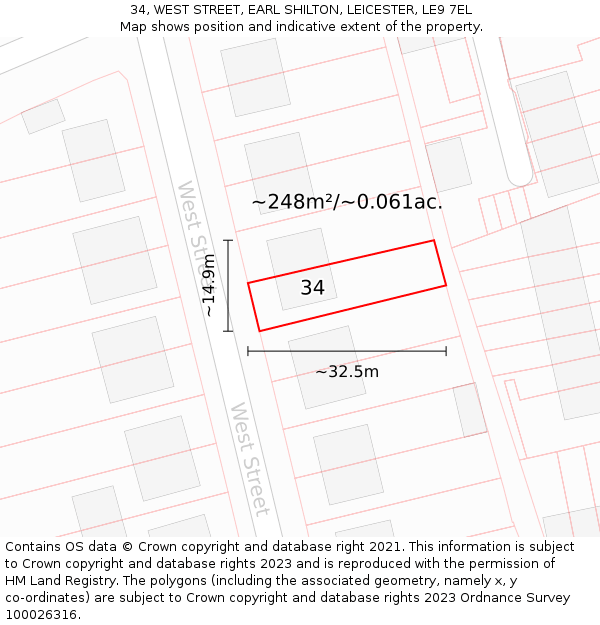 34, WEST STREET, EARL SHILTON, LEICESTER, LE9 7EL: Plot and title map