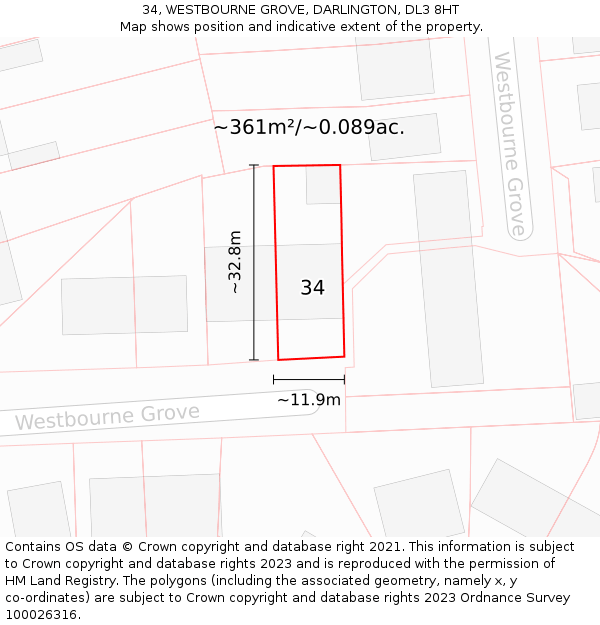 34, WESTBOURNE GROVE, DARLINGTON, DL3 8HT: Plot and title map