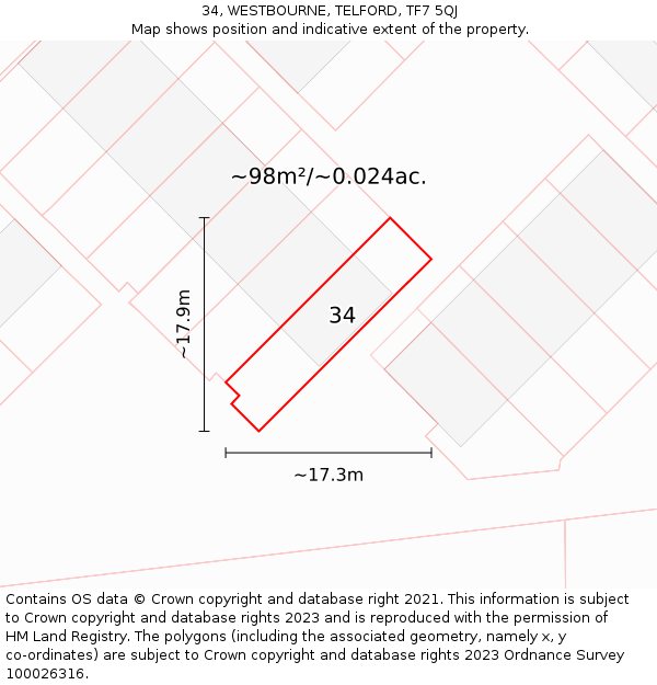 34, WESTBOURNE, TELFORD, TF7 5QJ: Plot and title map