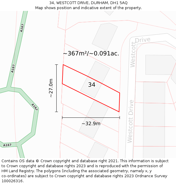 34, WESTCOTT DRIVE, DURHAM, DH1 5AQ: Plot and title map