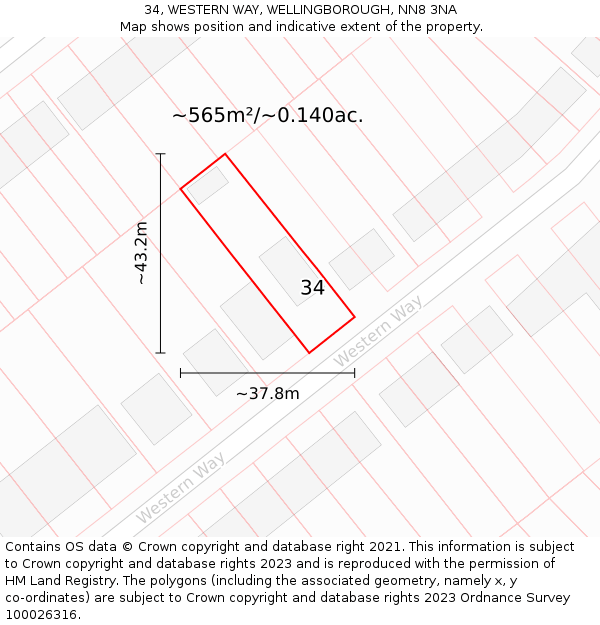 34, WESTERN WAY, WELLINGBOROUGH, NN8 3NA: Plot and title map