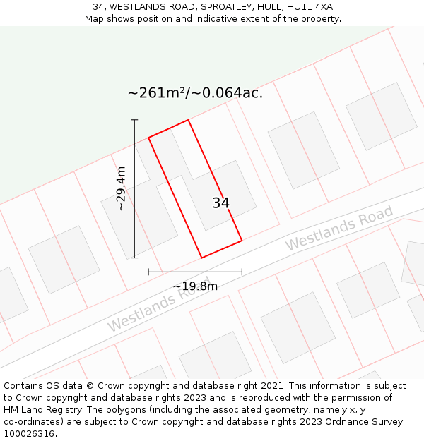 34, WESTLANDS ROAD, SPROATLEY, HULL, HU11 4XA: Plot and title map
