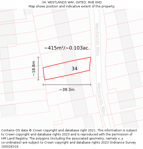 34, WESTLANDS WAY, OXTED, RH8 0ND: Plot and title map