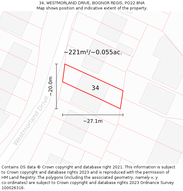 34, WESTMORLAND DRIVE, BOGNOR REGIS, PO22 8NA: Plot and title map