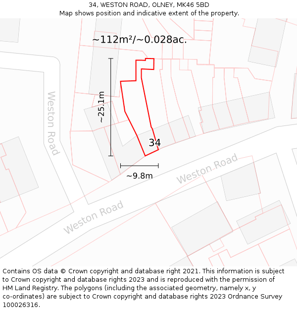 34, WESTON ROAD, OLNEY, MK46 5BD: Plot and title map