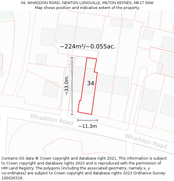 34, WHADDON ROAD, NEWTON LONGVILLE, MILTON KEYNES, MK17 0AW: Plot and title map