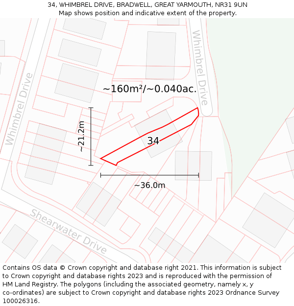 34, WHIMBREL DRIVE, BRADWELL, GREAT YARMOUTH, NR31 9UN: Plot and title map