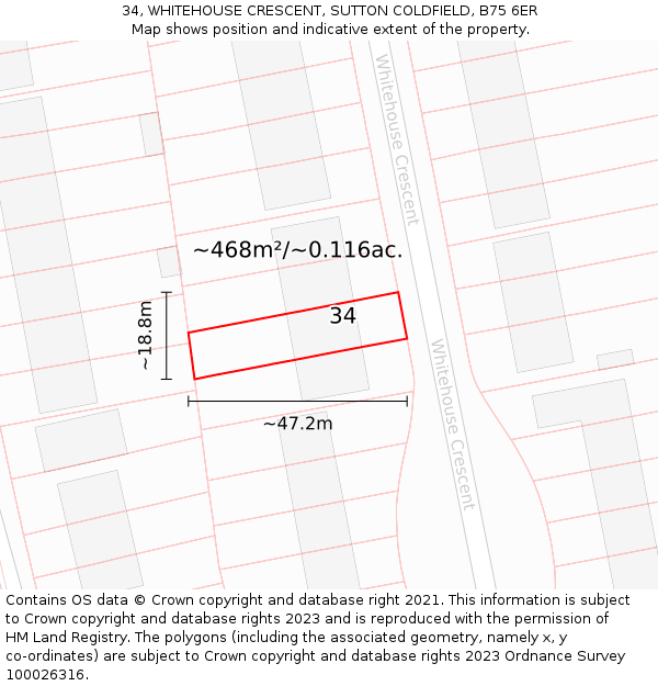 34, WHITEHOUSE CRESCENT, SUTTON COLDFIELD, B75 6ER: Plot and title map