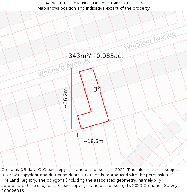 34, WHITFIELD AVENUE, BROADSTAIRS, CT10 3HX: Plot and title map