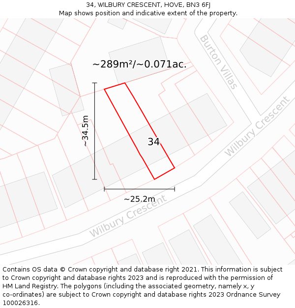 34, WILBURY CRESCENT, HOVE, BN3 6FJ: Plot and title map