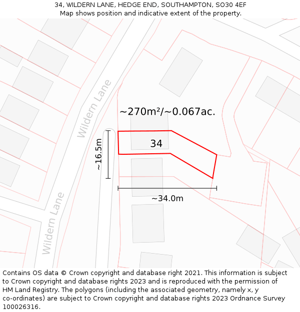 34, WILDERN LANE, HEDGE END, SOUTHAMPTON, SO30 4EF: Plot and title map