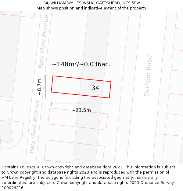 34, WILLIAM WAILES WALK, GATESHEAD, NE9 5EW: Plot and title map