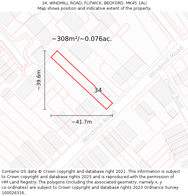 34, WINDMILL ROAD, FLITWICK, BEDFORD, MK45 1AU: Plot and title map