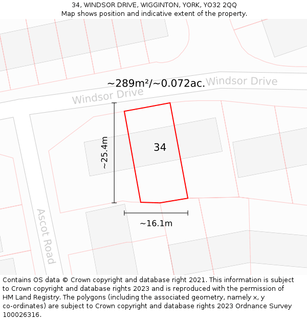 34, WINDSOR DRIVE, WIGGINTON, YORK, YO32 2QQ: Plot and title map
