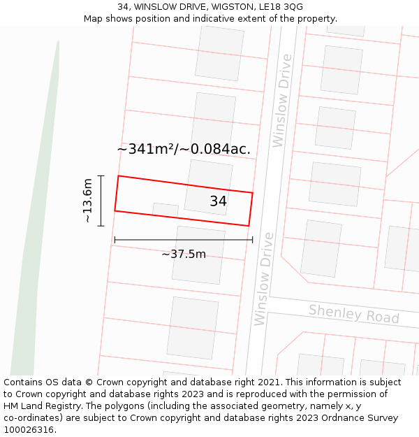 34, WINSLOW DRIVE, WIGSTON, LE18 3QG: Plot and title map