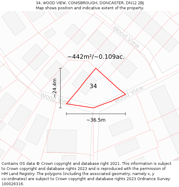 34, WOOD VIEW, CONISBROUGH, DONCASTER, DN12 2BJ: Plot and title map