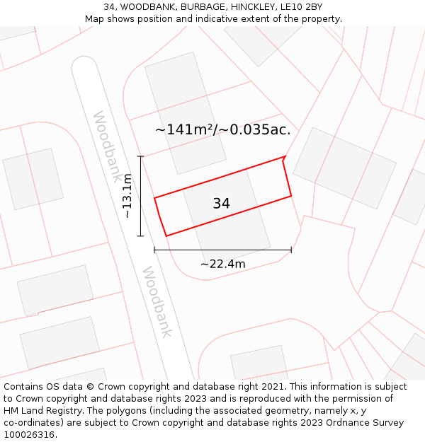 34, WOODBANK, BURBAGE, HINCKLEY, LE10 2BY: Plot and title map