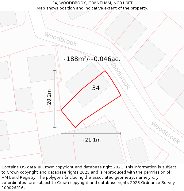 34, WOODBROOK, GRANTHAM, NG31 9FT: Plot and title map