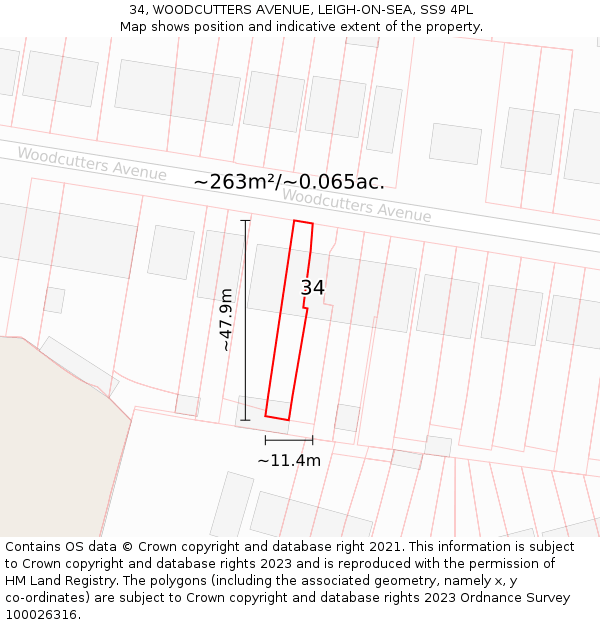 34, WOODCUTTERS AVENUE, LEIGH-ON-SEA, SS9 4PL: Plot and title map