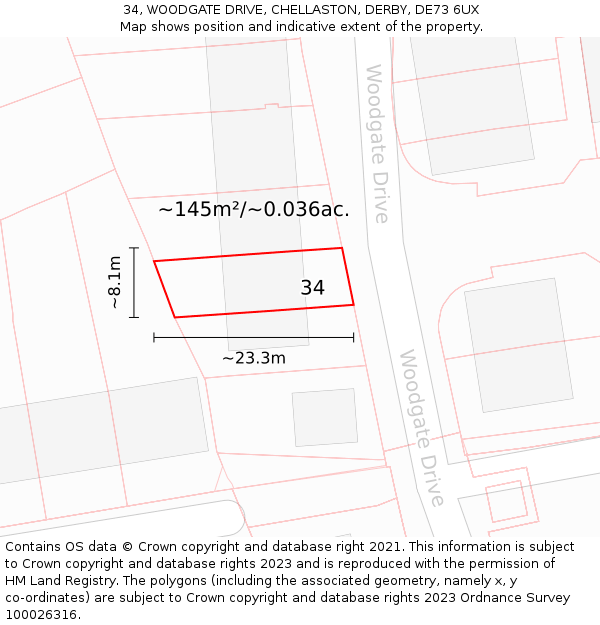 34, WOODGATE DRIVE, CHELLASTON, DERBY, DE73 6UX: Plot and title map