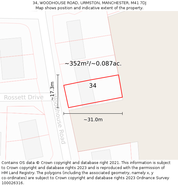 34, WOODHOUSE ROAD, URMSTON, MANCHESTER, M41 7DJ: Plot and title map