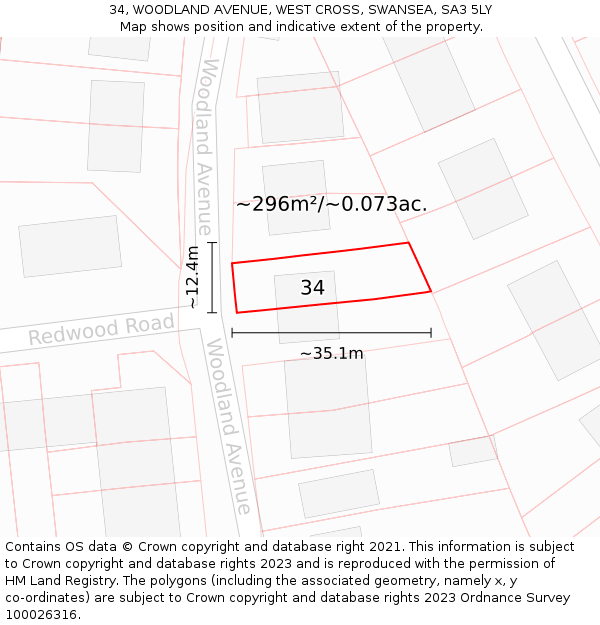 34, WOODLAND AVENUE, WEST CROSS, SWANSEA, SA3 5LY: Plot and title map