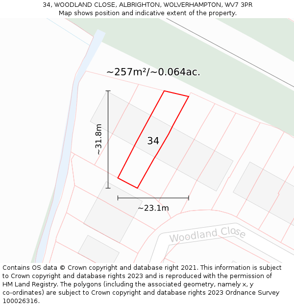 34, WOODLAND CLOSE, ALBRIGHTON, WOLVERHAMPTON, WV7 3PR: Plot and title map