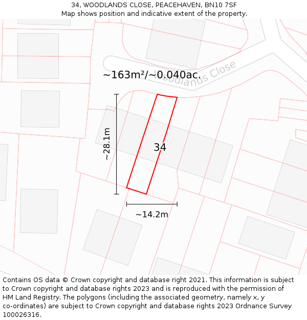 34, WOODLANDS CLOSE, PEACEHAVEN, BN10 7SF: Plot and title map