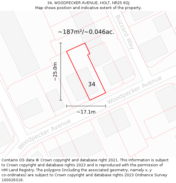 34, WOODPECKER AVENUE, HOLT, NR25 6GJ: Plot and title map