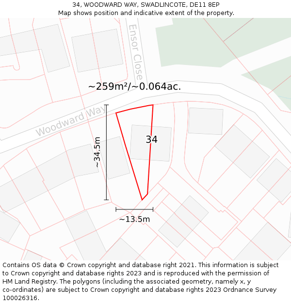 34, WOODWARD WAY, SWADLINCOTE, DE11 8EP: Plot and title map