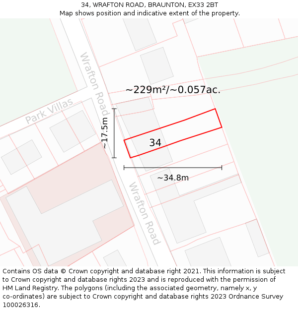 34, WRAFTON ROAD, BRAUNTON, EX33 2BT: Plot and title map