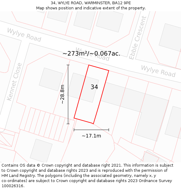 34, WYLYE ROAD, WARMINSTER, BA12 9PE: Plot and title map