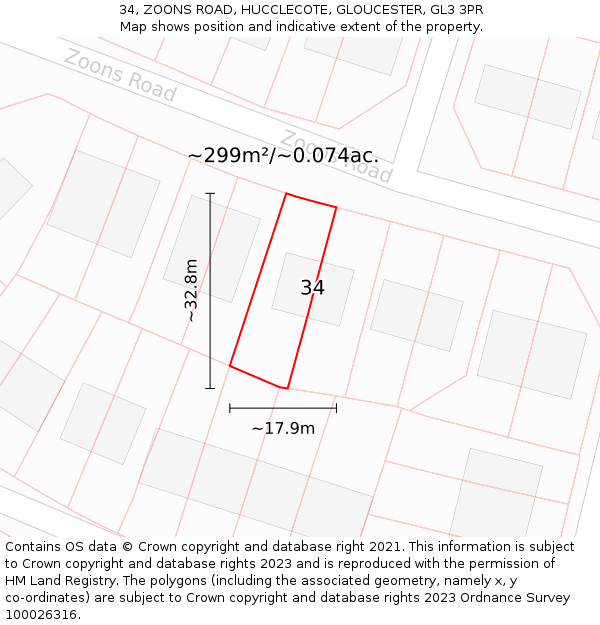 34, ZOONS ROAD, HUCCLECOTE, GLOUCESTER, GL3 3PR: Plot and title map