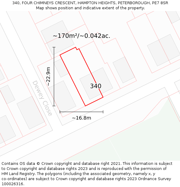 340, FOUR CHIMNEYS CRESCENT, HAMPTON HEIGHTS, PETERBOROUGH, PE7 8SR: Plot and title map