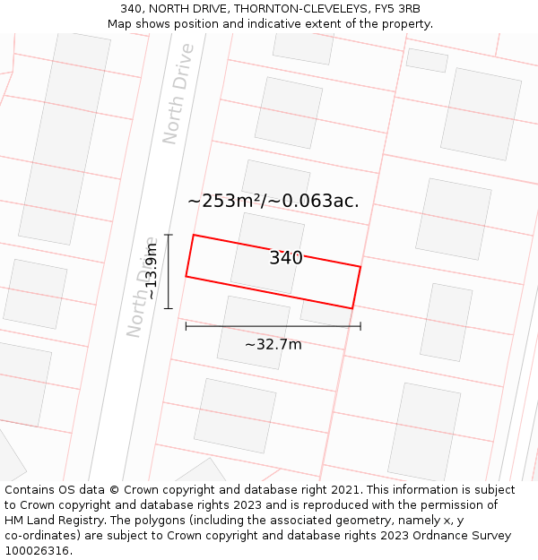 340, NORTH DRIVE, THORNTON-CLEVELEYS, FY5 3RB: Plot and title map